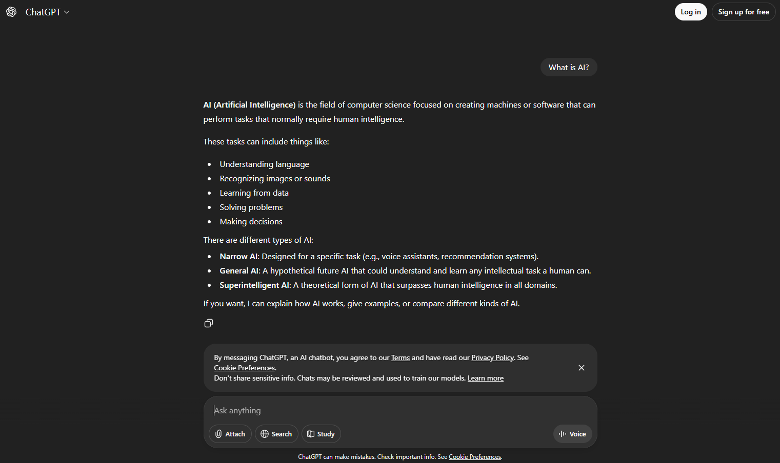ChatGPT query results: What is AI?