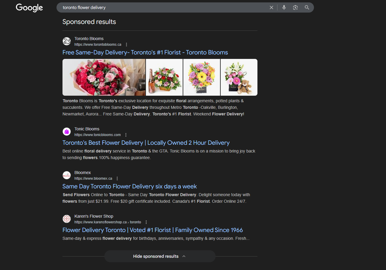 Google search for "Toronto flower delivery"