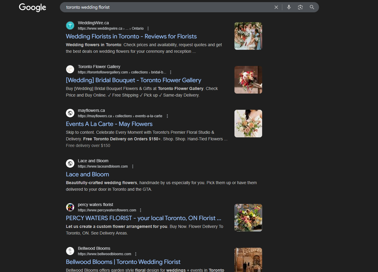 Google search of "Toronto wedding florist"