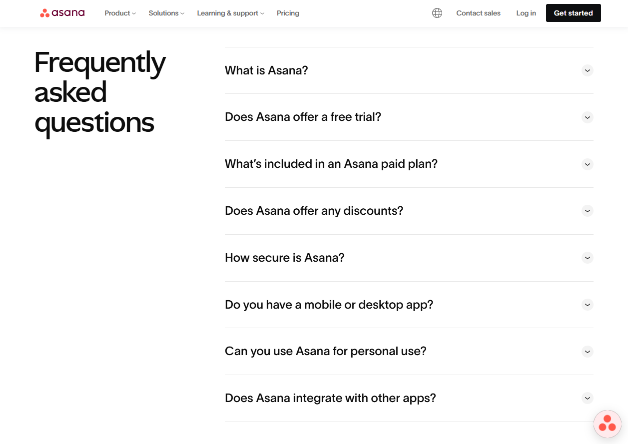 FAQ section on Asana's product overview page