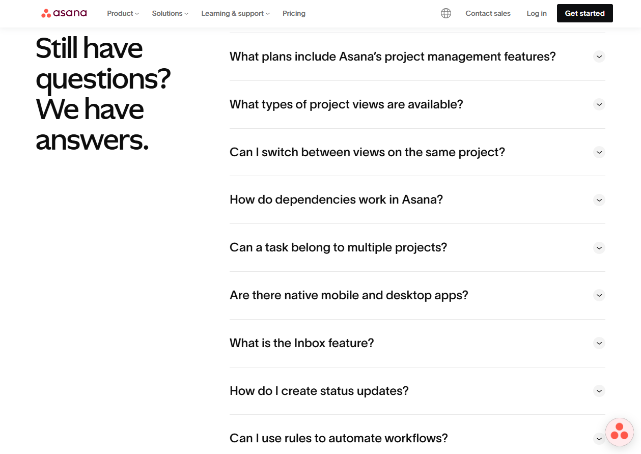 FAQ section on Asana's Project Management page