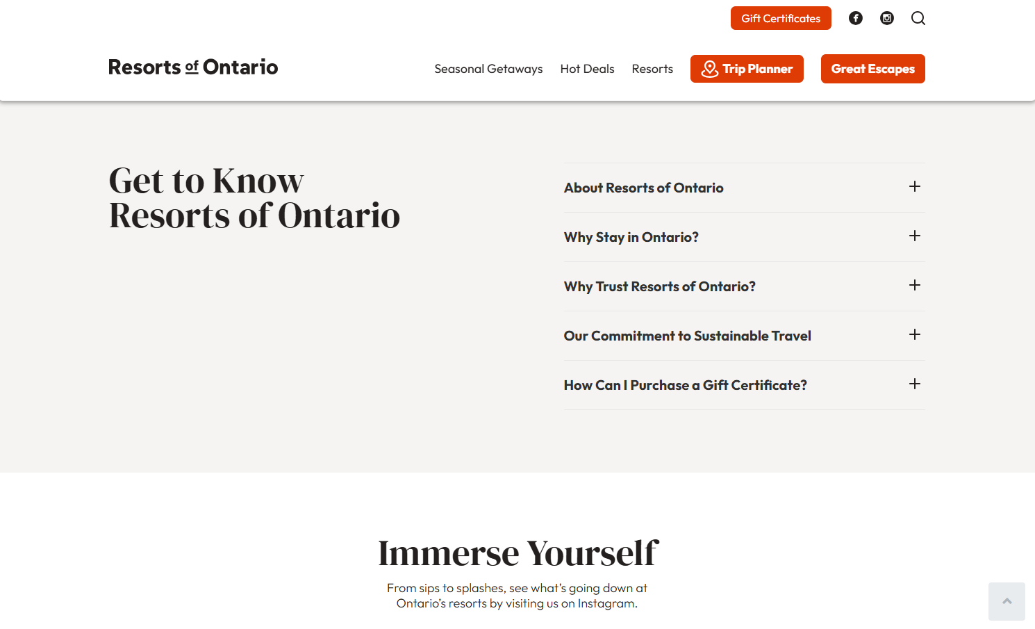 FAQs on Resorts of Ontario's homepage