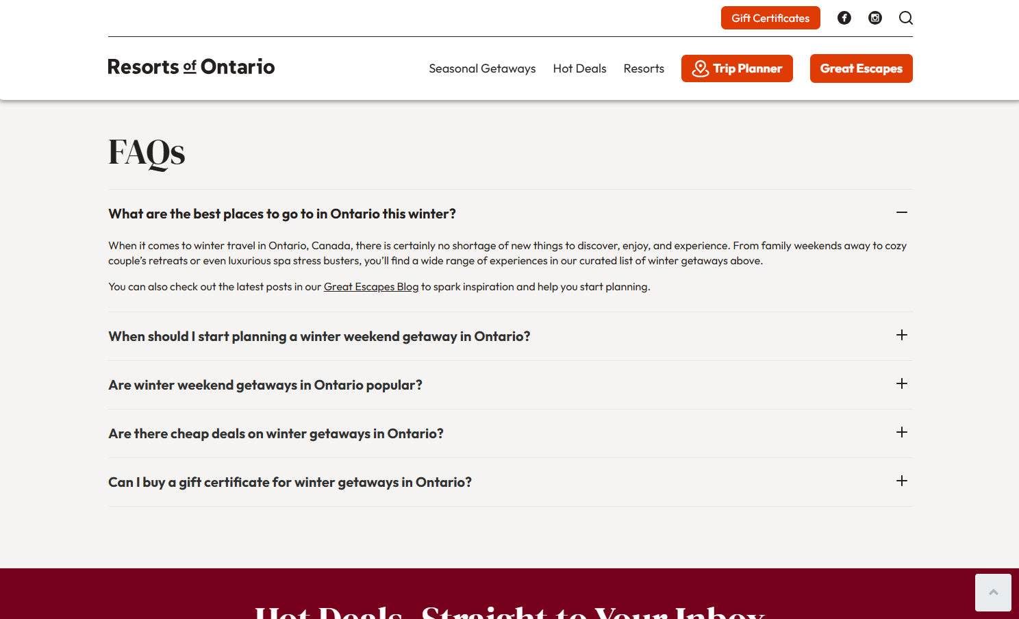 FAQ section on Resorts of Ontario's Winter Getaways page