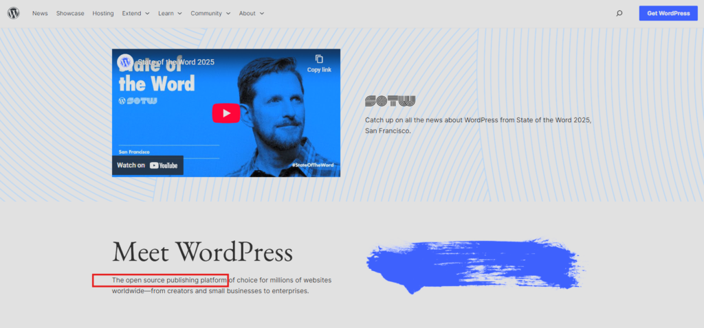 Screenshot of WordPress.org showing it's an open source, self-hosted platform