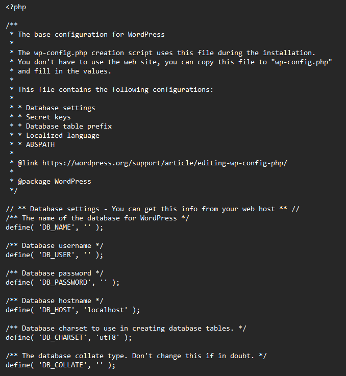 Screenshot of wp-config-php file